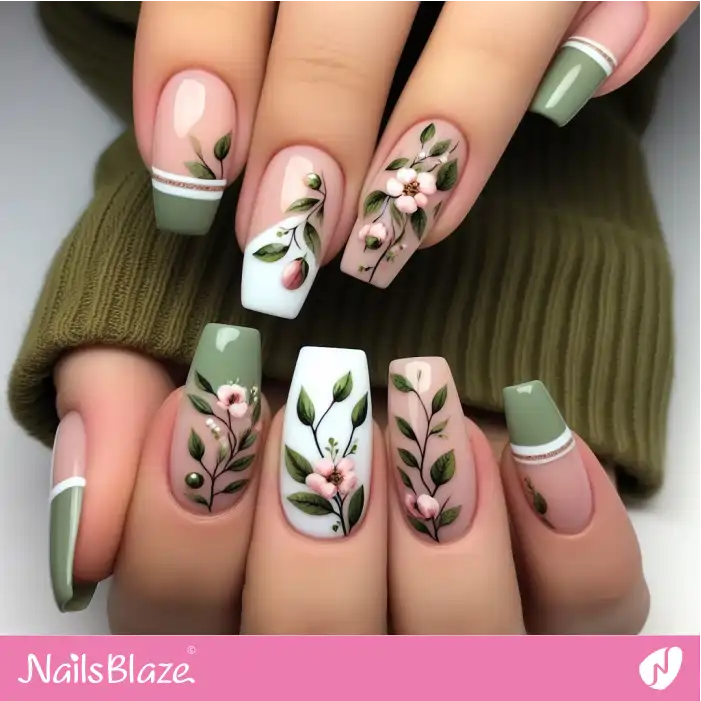 Triple French Olive Leaf Nail Design | Nature-inspired Nails - NB1628